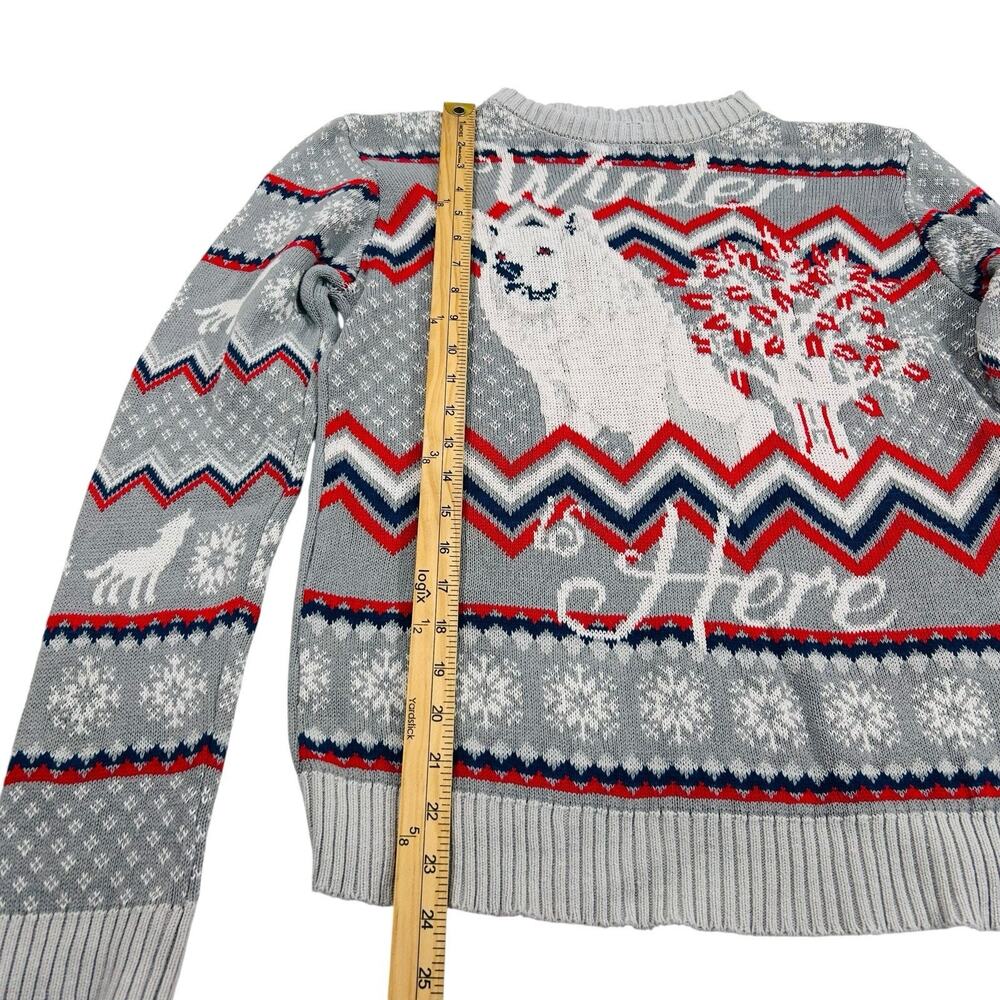 HBO GAMES OF THRONES Winter is Here Graphics Sweater Wolf Knit Gray Blue Red L - Picture 10 of 14